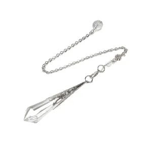Colgante de péndulo de cristal transparente columna hexagonal con cadena de plata