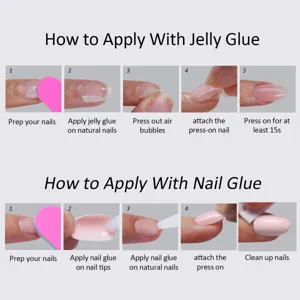 Step-by-step instruction guide showing how to apply press-on nails with jelly and nail glue.
