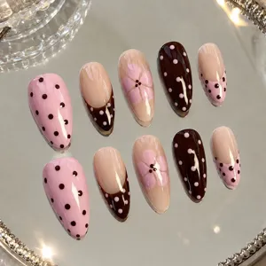 30 Pieces French Style Polka Dot Flower Press On Nails Pink Brown Color Block Reusable Artificial False Nails For Women