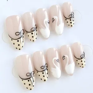 Nude Pink French Almond Press On Nails With Swan Bow And Polka Dot Design Gentle Style Artificial Nails For Women