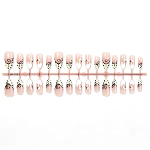 Almond press-on nails nude pink French style bow polka dot swan elegant fake nail set 24pcs