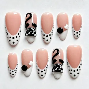 Unghie Finte a Mandorla Francese con Gatto Nero in Rilievo 3D Bianco Nero a Pois Cuore Unghie Finte Decorative da Donna