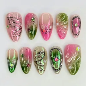 Handmade 3D Relief Gel Silver Cat Eye Almond Press On Nails Rhinestone Artificial Pearl Gradient French False Nails For Women Jewelry