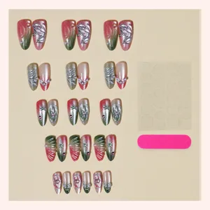 3D relief silver cat eye almond press on nails set with jelly glue and nail file details.