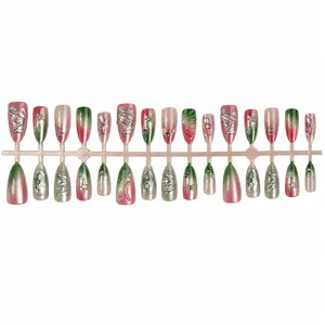3D silver relief cat eye press on nails almond shape pink green gradient false nail design