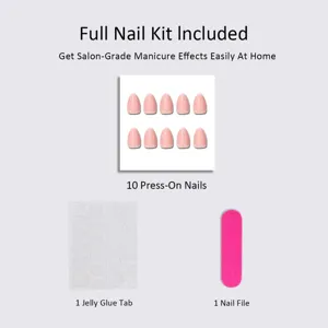 Full press-on nail kit detail, almond pink false nails with jelly glue tab and nail file.