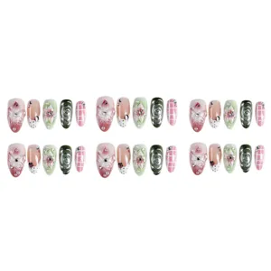 Almond press-on nails with 3D floral rhinestones green swirls and pink grid design set