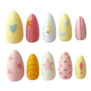 Uñas postizas almendra verano lindos dibujos animados set de uñas postizas para mujeres decoración