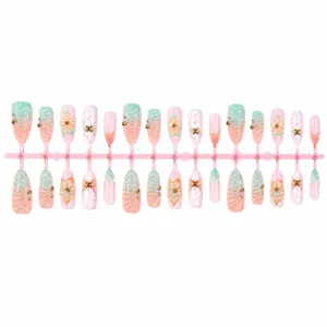 Kit d'ongles artificiels forme amande press on nails dégradé vert rose fleurs 3d manucure