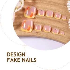 Wholesale press-on toe nails short French style 3D flower gold beads simple fake toe nail tips