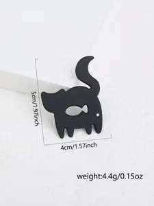 Vue detaillee de la broche en acrylique en forme de chat noir avec dimensions et poids.
