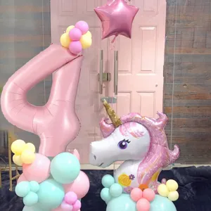 40 inch number foil balloon birthday party decoration set with unicorn pink balloons setup