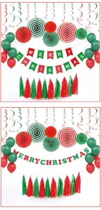 Christmas party decoration set featuring hanging swirls, paper fans, balloons, and festive banners.