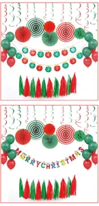 Christmas party decoration set with balloons paper fans hanging swirls and banners.