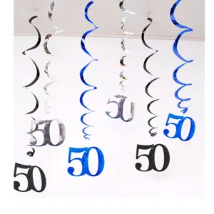 50th birthday party hanging swirl decorations, PVC metallic ceiling swirls 6pcs set.