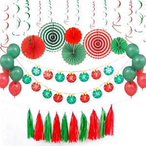 Christmas party decoration set with balloons paper fans hanging swirls and banners