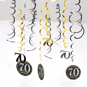 70th birthday party hanging swirl decorations 12pcs PVC ceiling streamers black gold silver