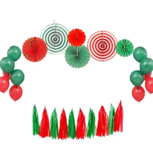 Christmas party decoration set featuring colorful paper fan flowers, balloons and tassels.