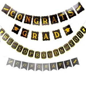 Graduation party banner decoration set black and gold congrats grad hanging banner