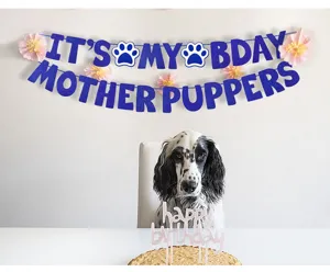 Pet dog birthday party letter banner with blue glitter text for celebration props detail