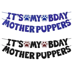 Dog birthday party banner set with funny lettering and paw prints, blue and black pet garland.