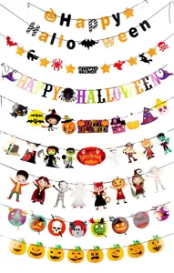 Guirlande Halloween en papier avec citrouilles mignonnes chauves-souris squelettes pour deco de fete.