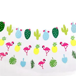 Tropical flamingo pineapple cactus hanging banner for Hawaiian party wedding birthday decor main.