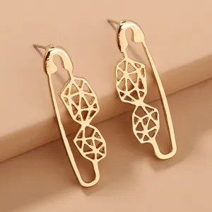 Gold tone safety pin geometric mesh stud earrings detailed close up product view
