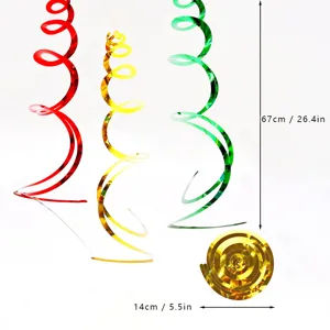 Detail view of colorful Christmas hanging spiral decorations showing clear size dimensions.