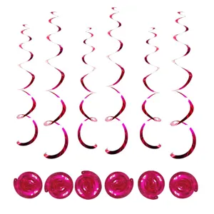 Pink foil hanging swirl decorations for Christmas party ceiling and holiday home decor.