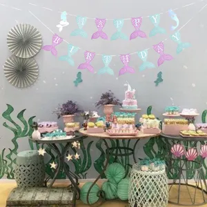 Mermaid Birthday Party Decoration Banner Silver Foil Letter Tail Hanging Garland Kids Girls Birthday Background Decor
