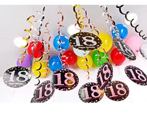Detailed view of colorful 18th birthday hanging swirls and balloons for party decoration.