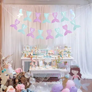 Mermaid birthday party decoration set with happy birthday banner and kids girl party supplies.