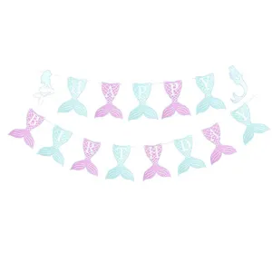Mermaid birthday party banner decoration set with cute tail design for girls celebration.
