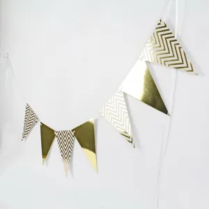 Gold foil chevron paper pennant banner for birthday party decoration hanging bunting supplies.