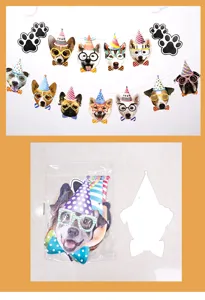 Dog birthday party banner detail featuring cute puppy face cutouts with hats and glasses.