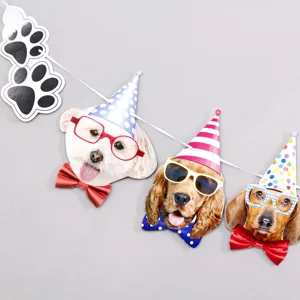 Cute dog birthday party banner pet decoration with funny hat glasses and paw print hanging flag