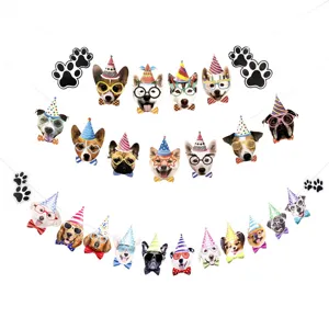 Cute dog birthday party banner garland with funny puppy faces, hats, glasses and bowties.