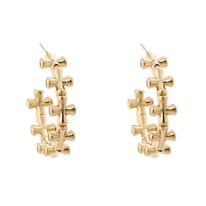 Gold C-shaped hoop earrings with cross bamboo joint design for women minimalist daily wear