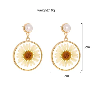 Elegant daisy resin earrings with faux pearl stud, 5cm height, lightweight 10g design.