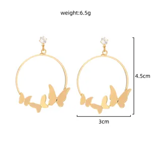 Chic gold butterfly hoop earrings with shining zircon studs, lightweight 6.5g, size 4.5x3cm.