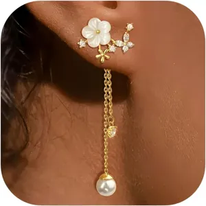 Lussuosi Orecchini a Nappa Lunga con Zirconia e Perle Artificiali per Donna Eleganti Orecchini a Pendente Fiore Foglia Farfalla Gioielli