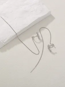 Chic long tassel chain ear cuffs with sparkling zircon, elegant silver tone fashion jewelry.