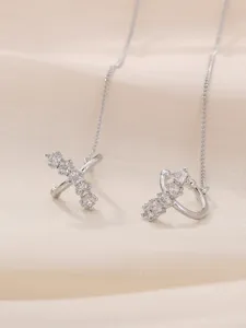 Elegant long tassel zircon cross ear clip earrings for women, sparkling fine jewelry.