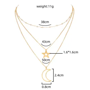 Meerlaagse gouden ketting met ster en maan hanger, stijlvolle sleutelbeen sieraden voor vrouwen.
