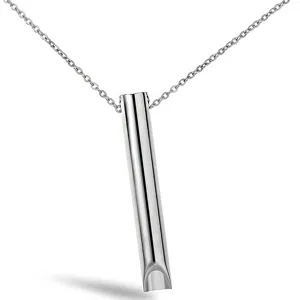 Stainless steel anxiety relief breathing whistle pendant necklace, polished silver fashion jewelry.