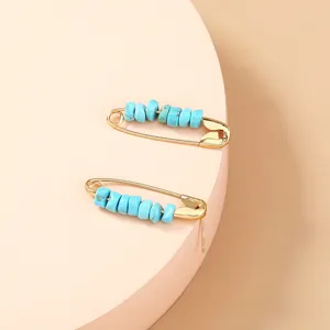 Bohemian metal safety pin earrings with turquoise beads trendy chic jewelry for women accessory