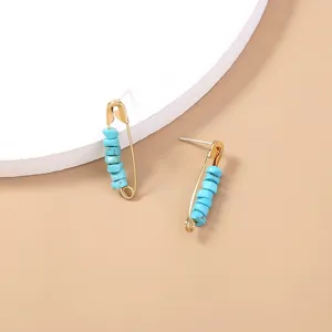 Bohemian turquoise bead safety pin stud earrings for women trendy gold metal jewelry style