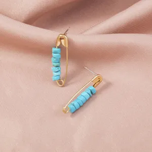 Boho gold safety pin stud earrings with turquoise stone beads for women fashion jewelry.