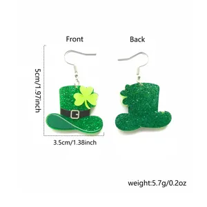 Groene klaverblad hoed acryl oorbellen voor St. Patrick's Day, feestelijke glitter hangers.